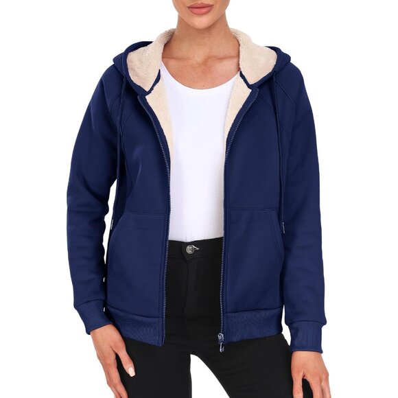 Women's Fleece Zip Up Hoodie Sherpa Lined Winter Jacket with Pockets Large - Picture 8 of 9